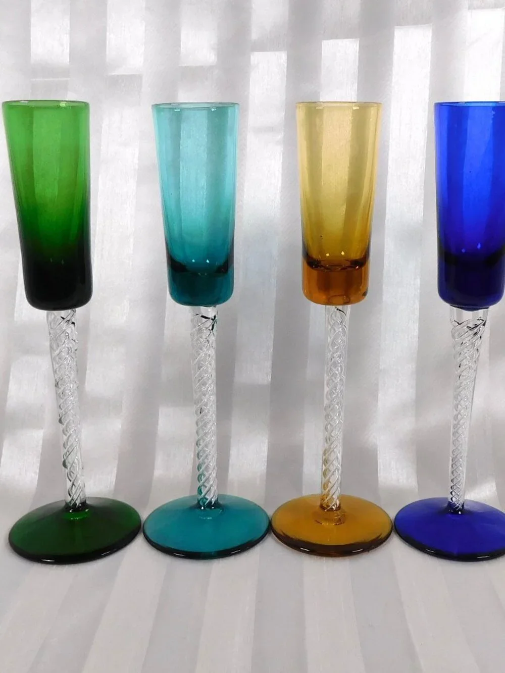 Lot of Four Stemmed Cordial Glasses with Twisted Glass Stems # 25970